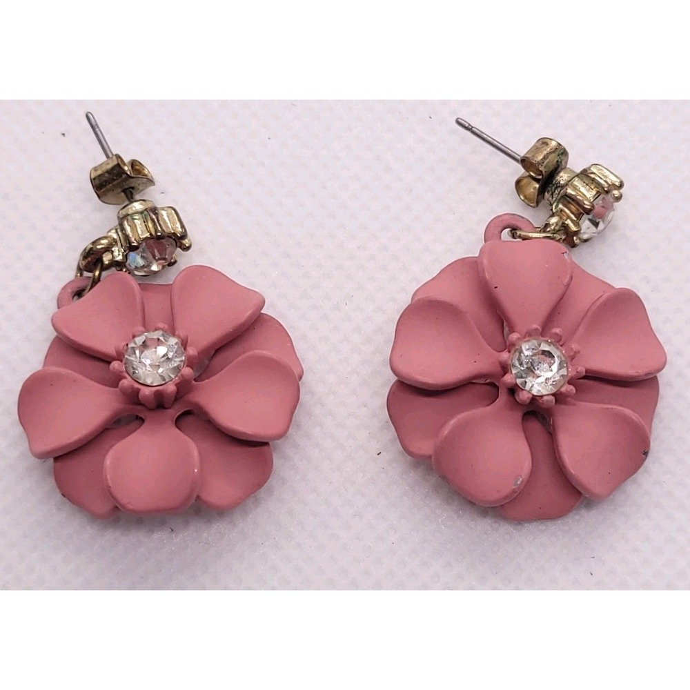 Pink Flower Rhinestone Gold Tone Maximalist Dangle Post Earrings